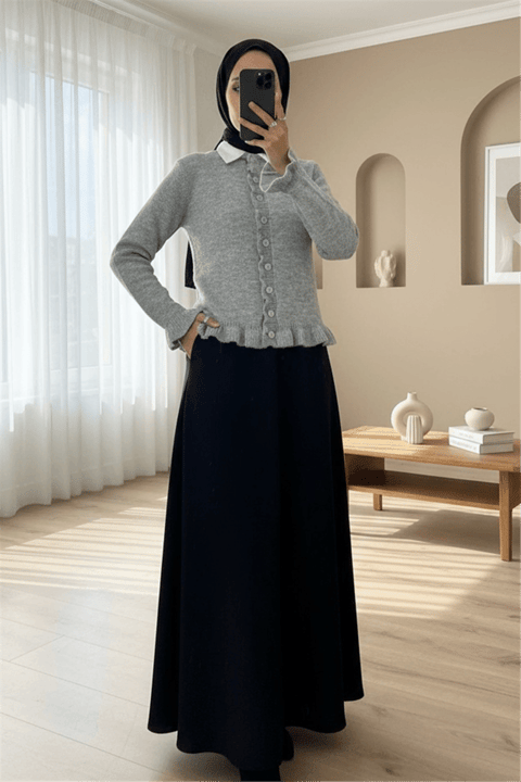 Düğmeli Önü Ve Eteği Fırfırlı Hırka -Gri-Hırka-307-43478-R11