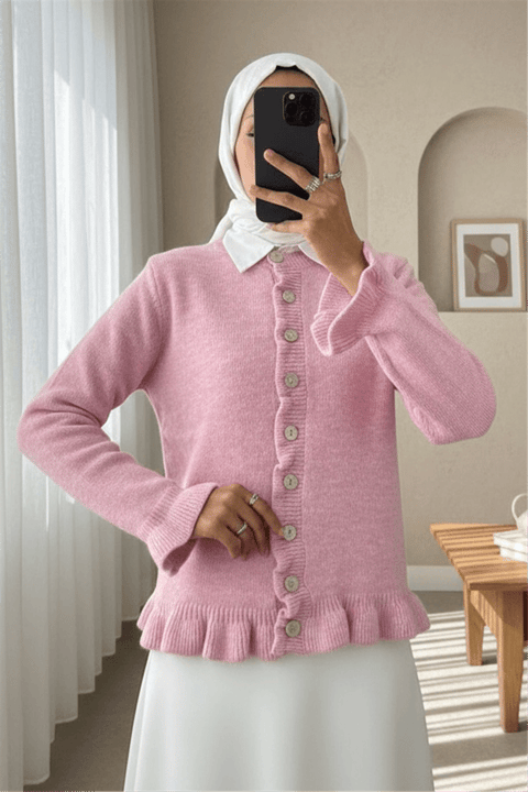 Düğmeli Önü Ve Eteği Fırfırlı Hırka -Pembe-Hırka-307-43478-R20