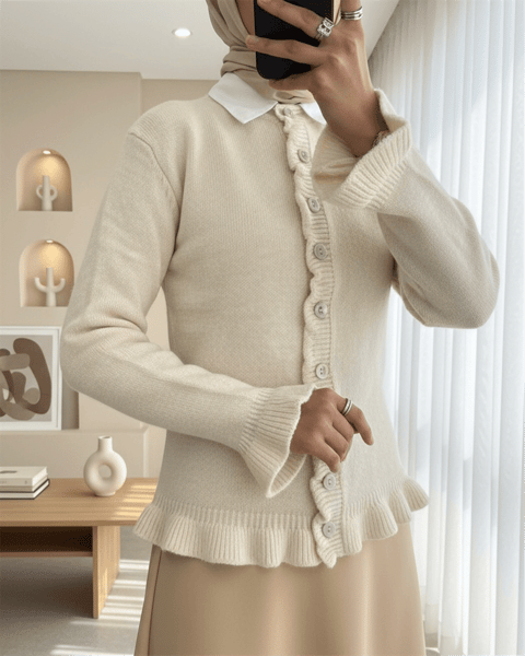 Düğmeli Önü Ve Eteği Fırfırlı Hırka -Taş-Hırka-307-43478-R43