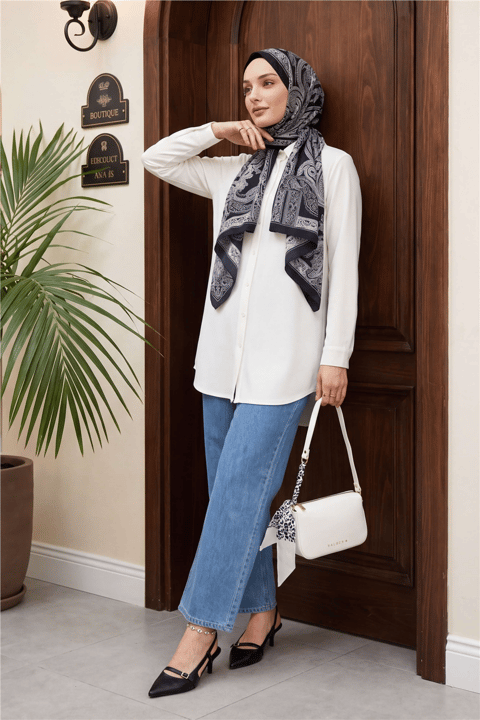 Düğmeli Oversize Düz Gömlek -Beyaz-Gömlek-349-7008-R02