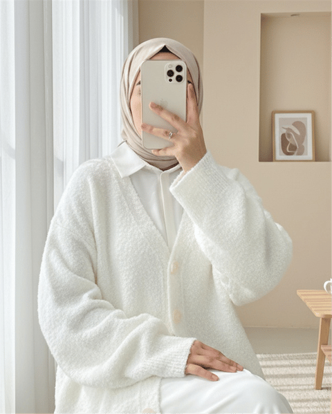 Düğmeli Salaş Triko Hırka -Beyaz-Hırka-357-6232-R02