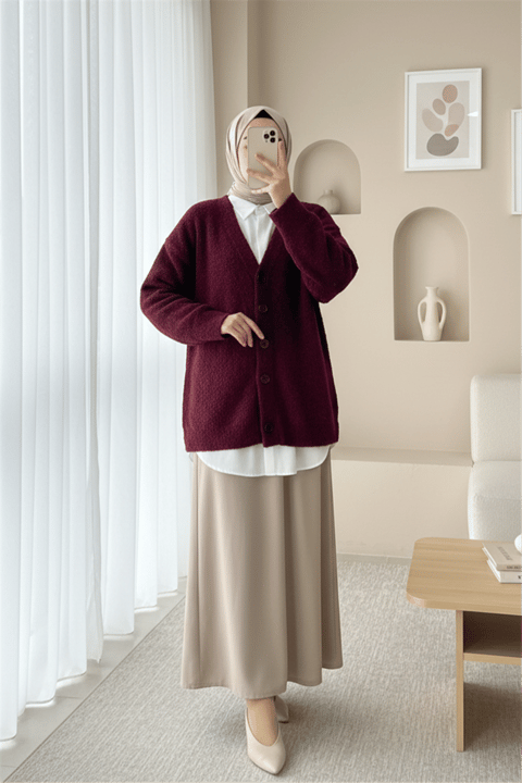 Düğmeli Salaş Triko Hırka -Bordo-Hırka-357-6232-R04