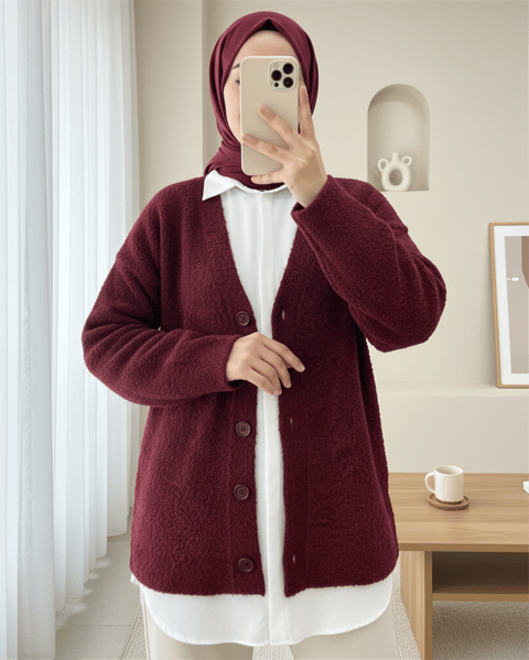Düğmeli Salaş Triko Hırka -Bordo-Hırka-357-6232-R04