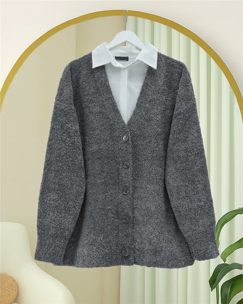 Düğmeli Salaş Triko Hırka -Füme-Hırka-357-6232-R18