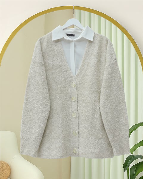 Düğmeli Salaş Triko Hırka -Taş-Hırka-357-6232-R43