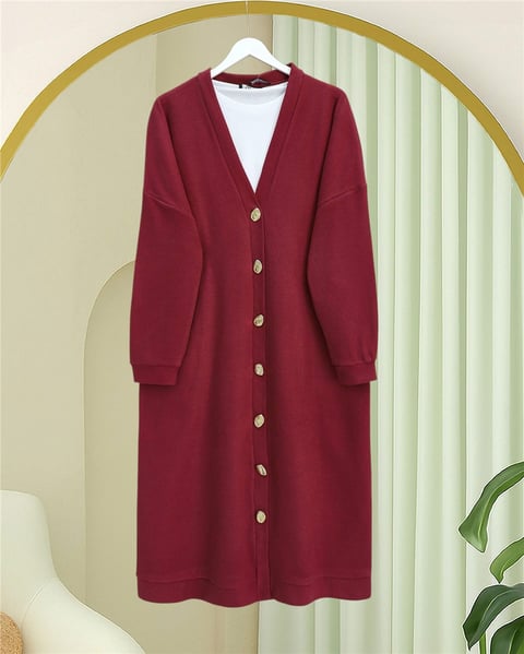 Düğmeli Selanik Uzun Hırka -Bordo-Hırka-253-13124-R04