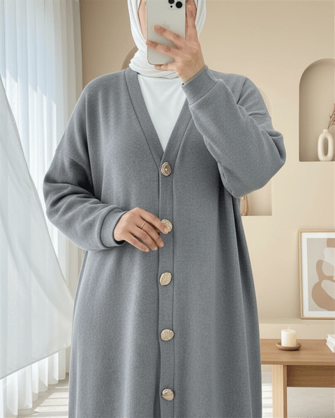 Düğmeli Selanik Uzun Hırka -Gri-Hırka-253-13124-R11