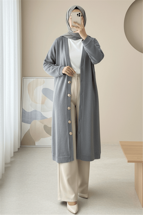 Düğmeli Selanik Uzun Hırka -Gri-Hırka-253-13124-R11