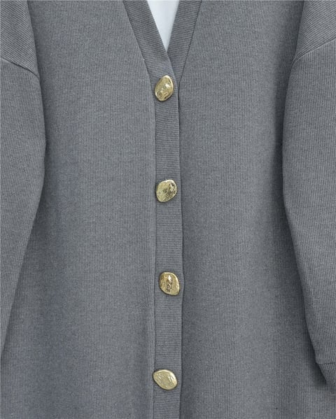 Düğmeli Selanik Uzun Hırka -Gri-Hırka-253-13124-R11