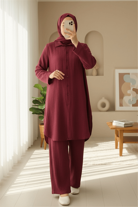 Düğmeli Uzun Pantolonlu Krinkıl Takım  -Bordo-Takım-349-7074-R04