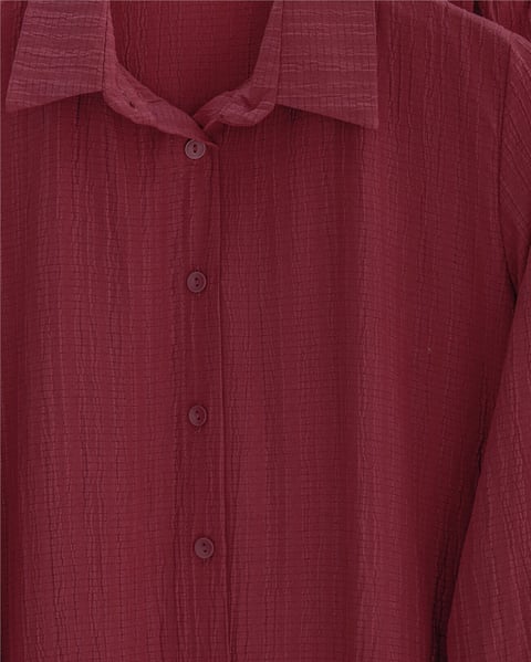 Düğmeli Uzun Pantolonlu Krinkıl Takım  -Bordo-Takım-349-7074-R04
