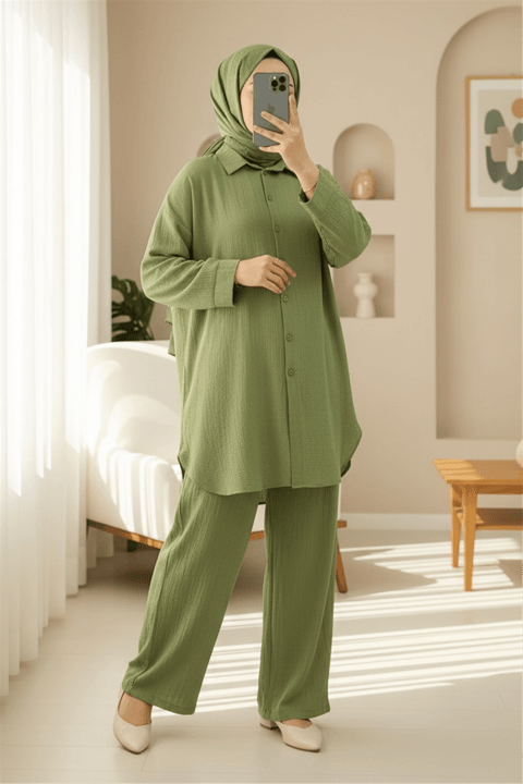 Düğmeli Uzun Pantolonlu Krinkıl Takım   -A.Yeşil-Takım-349-7074-R69