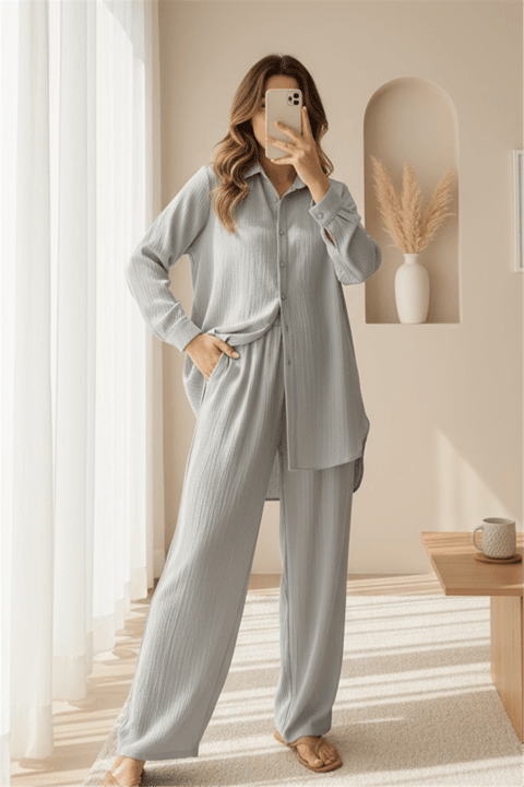 Düğmeli Uzun Pantolonlu Krinkıl Takım  -Gri-Takım-349-7074-R11