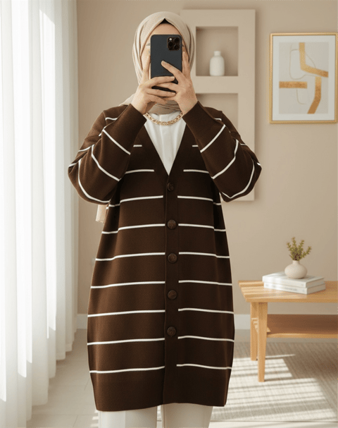 Düğmeli Uzun Triko Hırka -Kahve-Triko Hırka-357-6134-R15