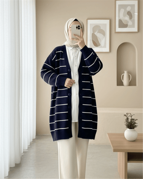 Düğmeli Uzun Triko Hırka -Lacivert-Triko Hırka-357-6134-R03