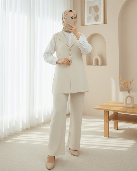 Düğmeli V Yaka Yelek Pantolon Triko Takım -Krem-Takım-295-1285-R28