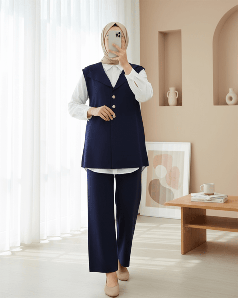 Düğmeli V Yaka Yelek Pantolon Triko Takım -Laci-Takım-295-1285-R03