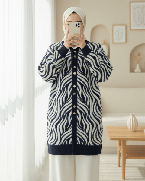 Hırka-Düğmeli Zebra Desen Sakallı Triko Hırka -Laci-280-3286-R03