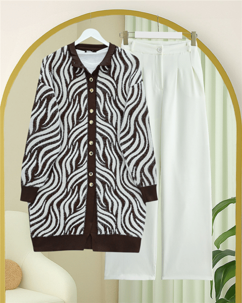 Hırka-Düğmeli Zebra Desen Sakallı Triko Hırka -Kahve-280-3286-R15