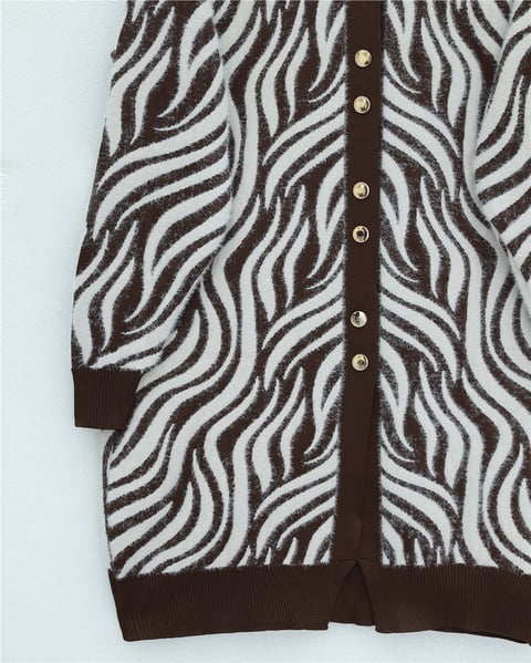 Düğmeli Zebra Desen Sakallı Triko Hırka -Kahve-Hırka-280-3286-R15