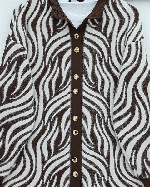 Hırka-Düğmeli Zebra Desen Sakallı Triko Hırka -Kahve-280-3286-R15