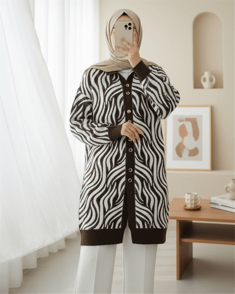 Düğmeli Zebra Desen Sakallı Triko Hırka -Kahve-Hırka-280-3286-R15