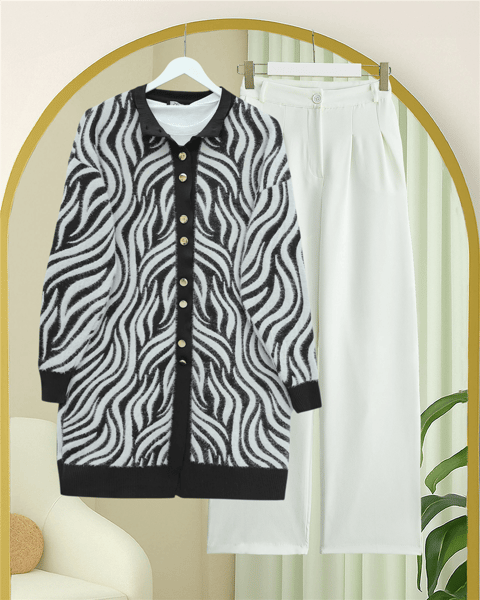 Düğmeli Zebra Desen Sakallı Triko Hırka -Siyah-Hırka-280-3286-R01