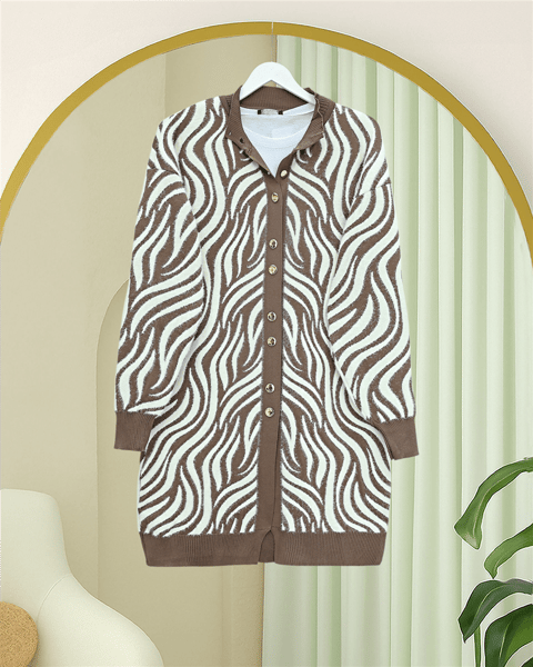 Düğmeli Zebra Desen Sakallı Triko Hırka -Açık Kahve-Hırka-280-3286-R76