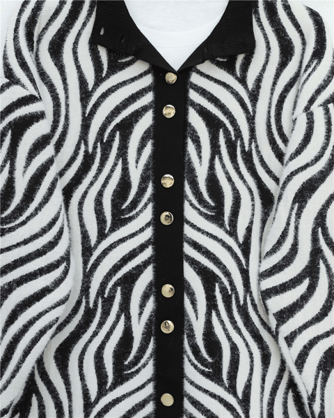 Düğmeli Zebra Desen Sakallı Triko Hırka -Siyah-Hırka-280-3286-R01