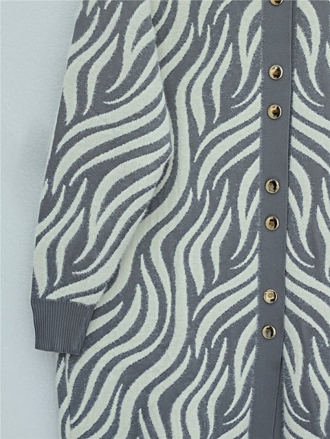 Düğmeli Zebra Desen Sakallı Triko Hırka -Gri-Hırka-280-3286-R11