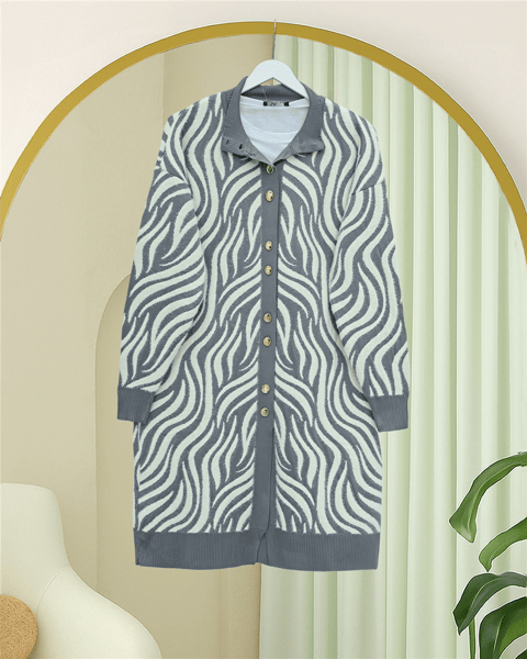 Düğmeli Zebra Desen Sakallı Triko Hırka -Gri-Hırka-280-3286-R11