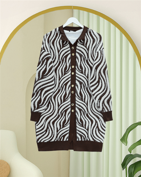 Hırka-Düğmeli Zebra Desen Sakallı Triko Hırka -Kahve-280-3286-R15