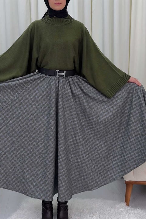 Ekose Desenli Beli Lastikli 360 Derece Etek -Haki-Etek-207-1594-R05