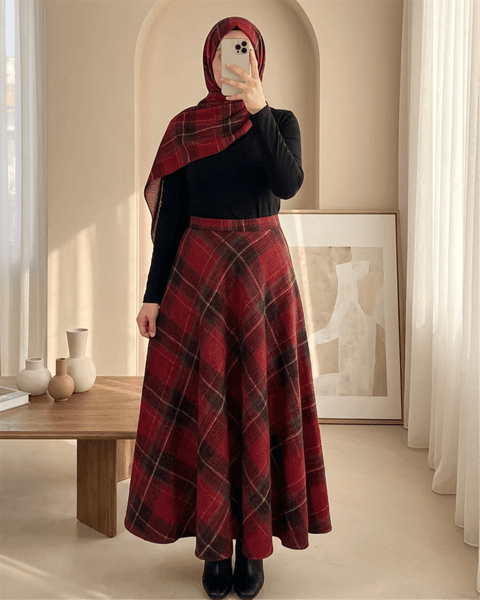 Ekose Desenli Yanı Fermuarlı  Kaşe Çan Etek -Bordo-Etek-346-30491-R04
