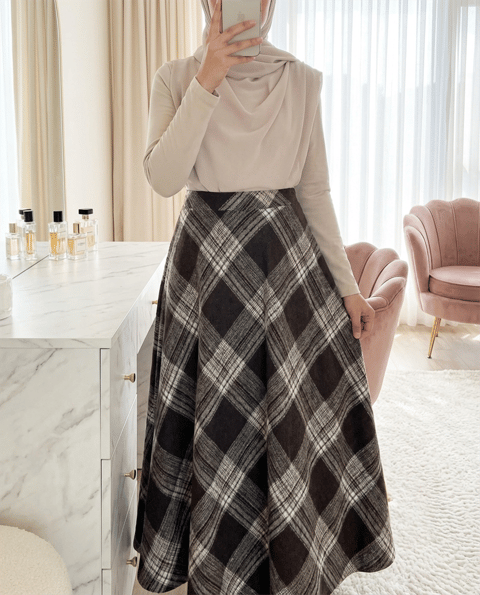 Ekose Desenli Yanı Fermuarlı  Kaşe Çan Etek    -Kahve-Etek-346-30491-R15