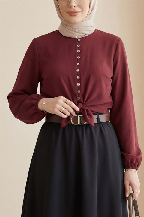 Eteği Bağlamalı Beli Ve Kolu Lastikli Düğmeli Modal Gömlek -Bordo-Gömlek-120-1706-R04