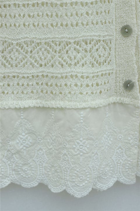 Eteği Dantel Detaylı Düğmeli Ajurlu Triko Hırka -Ekru-Hırka-109-1210-R07