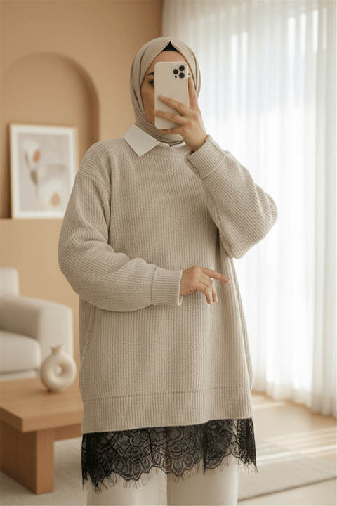 Eteği Dantel Detaylı Triko Kazak -Krem-Kazak-357-4514-R28
