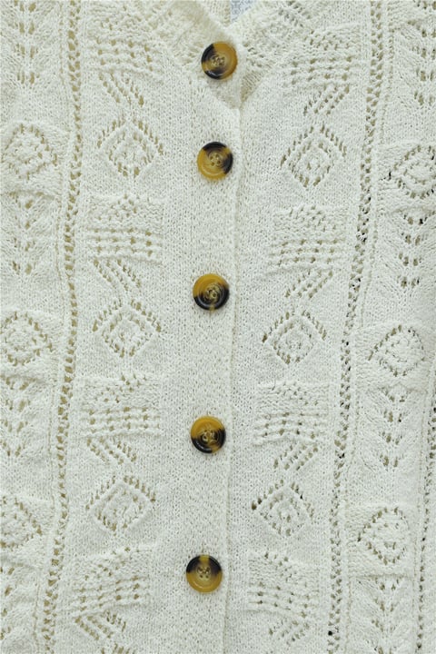 Eteği Dantelli Desenli Düğmeli Triko Hırka -Ekru-Hırka-109-0996-R07