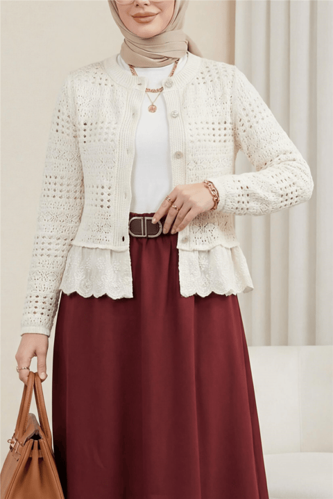 Eteği Fırfırlı Ajurlu Düğmeli Hırka  -Ekru-Hırka-109-0995-R07