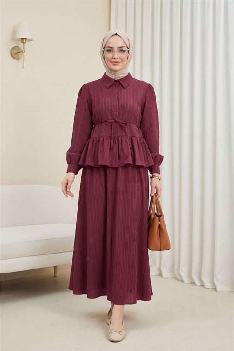 Eteği Fırfırlı Düğmeli Beli Bağcıklı Etekli Takım  -Bordo-Takım-223-3058-R04