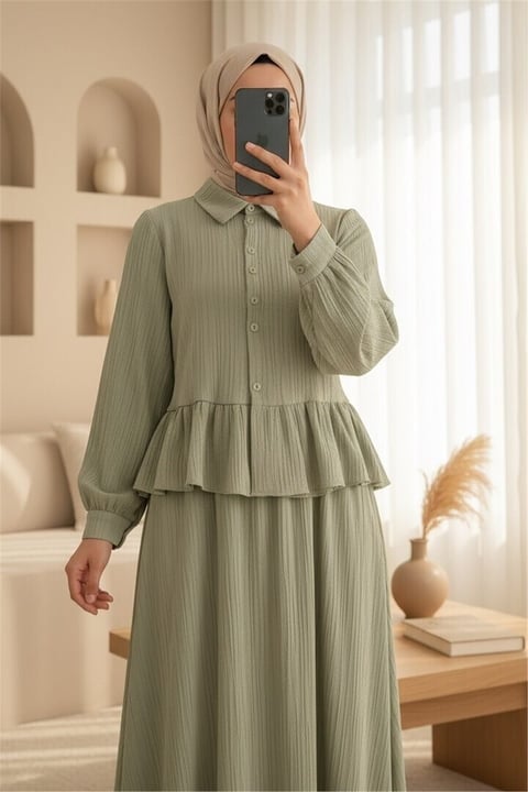 Eteği Fırfırlı Düğmeli Beli Bağcıklı Etekli Takım   -Zeytin-Takım-223-3058-R59