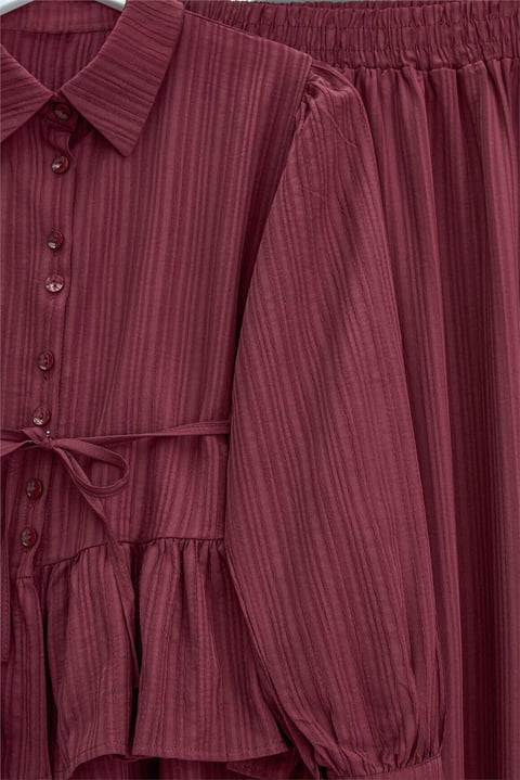 Eteği Fırfırlı Düğmeli Beli Bağcıklı Etekli Takım  -Bordo-Takım-223-3058-R04