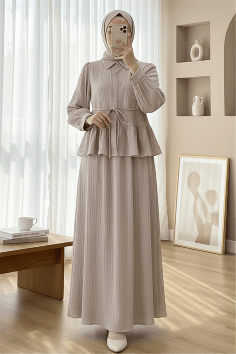 Eteği Fırfırlı Düğmeli Beli Bağcıklı Etekli Takım -Vizon-Takım-223-3058-R23
