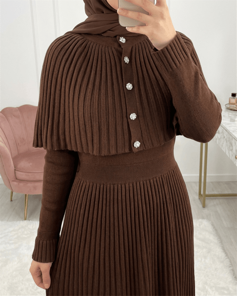 Eteği Fitilli Beli Lastikli Pelerin Detaylı Uzun Triko Elbise -Kahve-Elbise-295-1290-R15