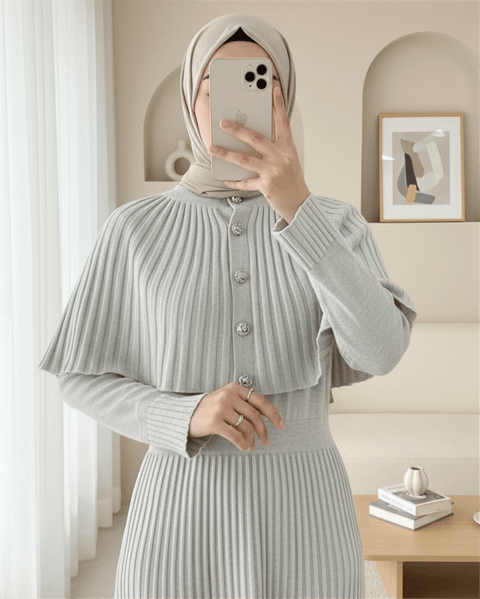 Eteği Fitilli Beli Lastikli Pelerin Detaylı Uzun Triko Elbise -Taş-Elbise-295-1290-R43