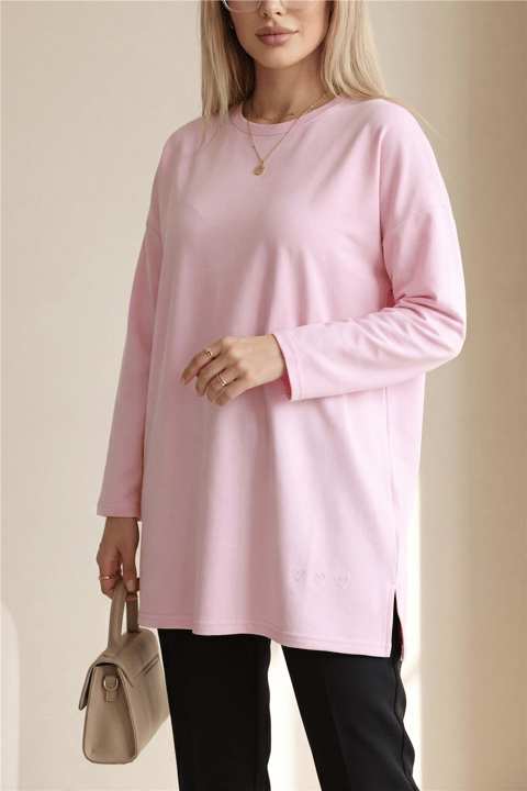 Eteği Kalp Detaylı Yırtmaçlı Salaş Penye Tunik -Pembe-Tunik-253-13074-R20