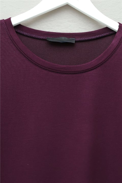 Eteği Kalp Detaylı Yırtmaçlı Salaş Penye Tunik -Mürdüm-Tunik-253-13074-R09