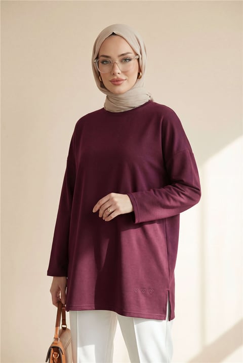 Eteği Kalp Detaylı Yırtmaçlı Salaş Penye Tunik -Mürdüm-Tunik-253-13074-R09