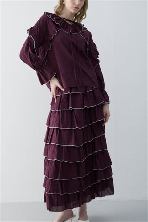 Eteği Kat Kat Yakası Bağlamalı Volanlı Biyeli Vual Takım  -Bordo-Takım-114-3237-R04